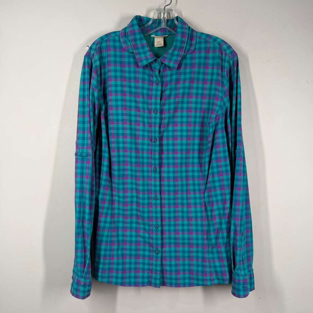Duluth Trading Co Sidewinder Shirt 2XL Teal Purple Plaid Roll Tab Zipper Pocket